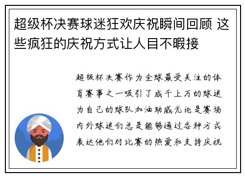 超级杯决赛球迷狂欢庆祝瞬间回顾 这些疯狂的庆祝方式让人目不暇接