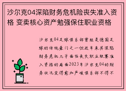 沙尔克04深陷财务危机险丧失准入资格 变卖核心资产勉强保住职业资格 沙尔克04深陷财务危机险丧失准入资格 变卖核心资产勉强保住职业资格